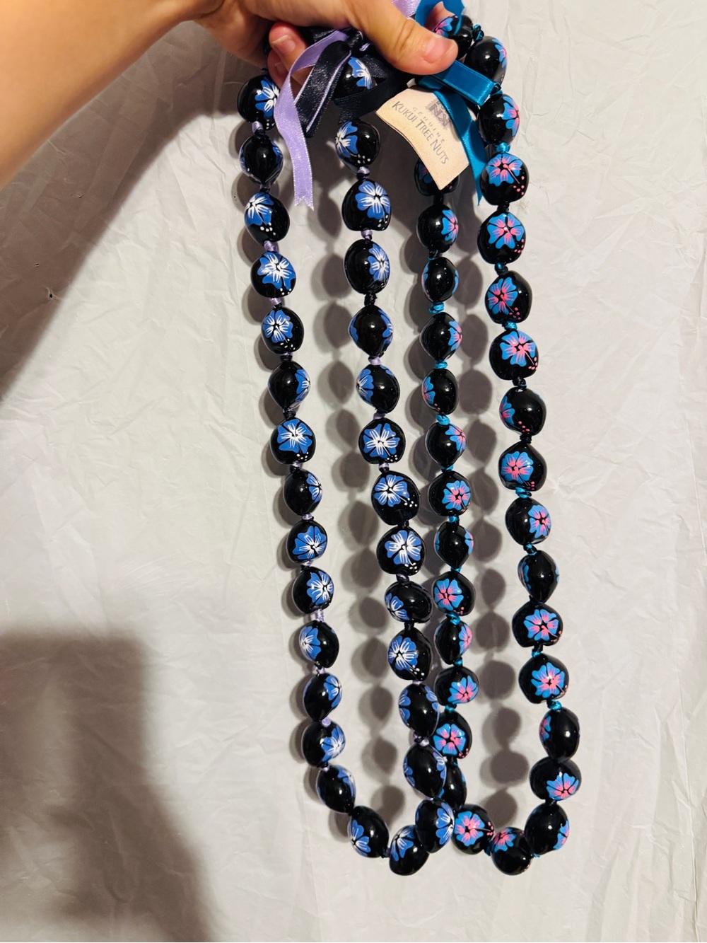 Genuine Kukui Nut Lei Hawaiian Floral Necklace Black Blue Pink Hand Painted